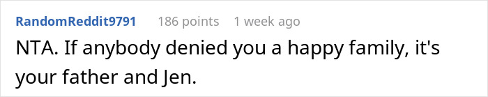 Reddit comment about stepmom's affair impacting family happiness and karma consequences years later.