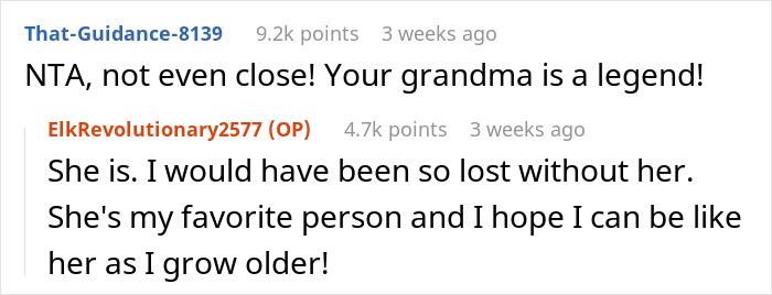 Comments discussing a legendary grandma, reflecting on family support and personal growth.
