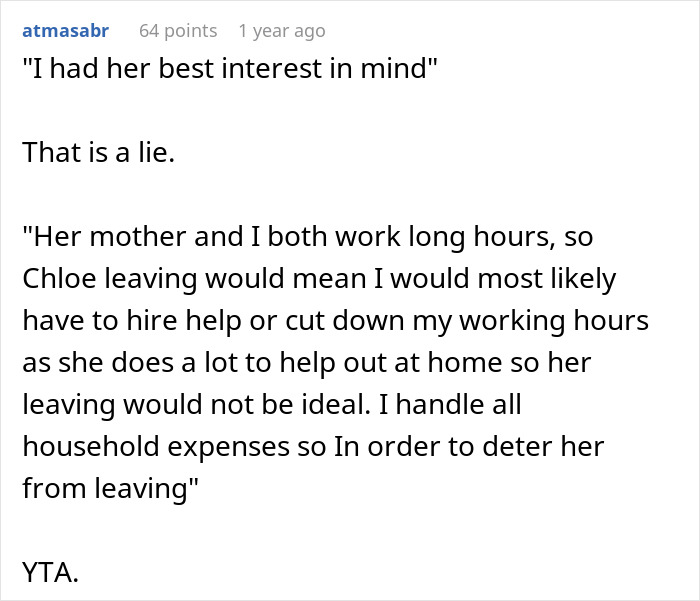 Text conversation about stepdaughter, chores, and overcharged rent to deter her from leaving home.