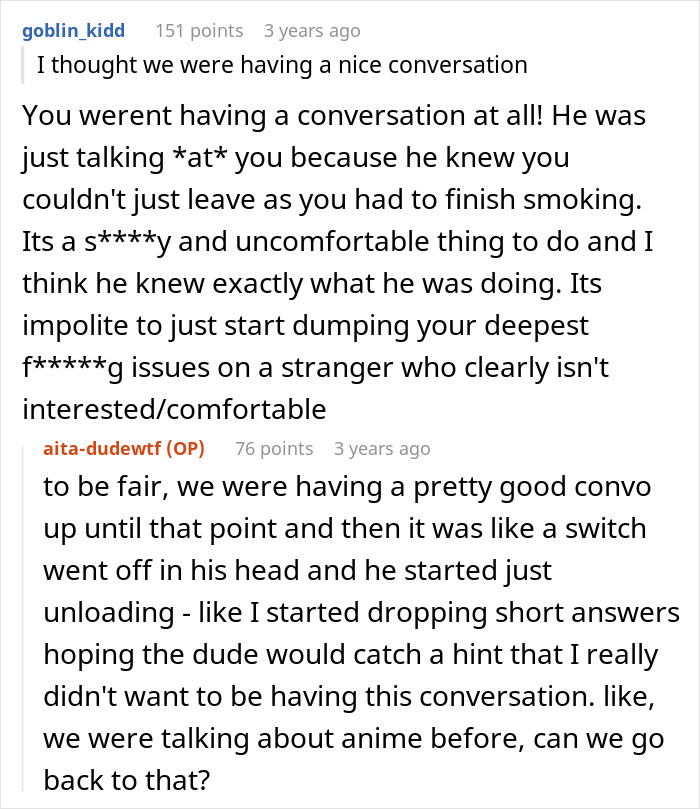 Text conversation about oversharing, with a user frustrated at a guy for talking about personal issues uncomfortably.