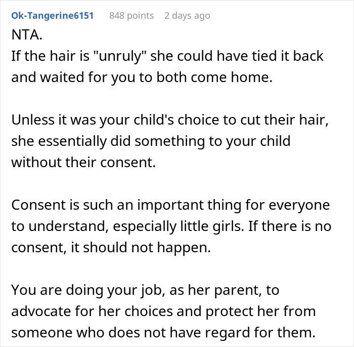 Discussion stresses the importance of consent after MIL cuts child&rsquo;s hair without permission.