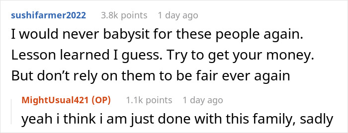 Comments discussing a teen's experience babysitting for a religious couple, highlighting issues with payment. Comments discussing a teen's experience babysitting for a religious couple, highlighting issues with payment.