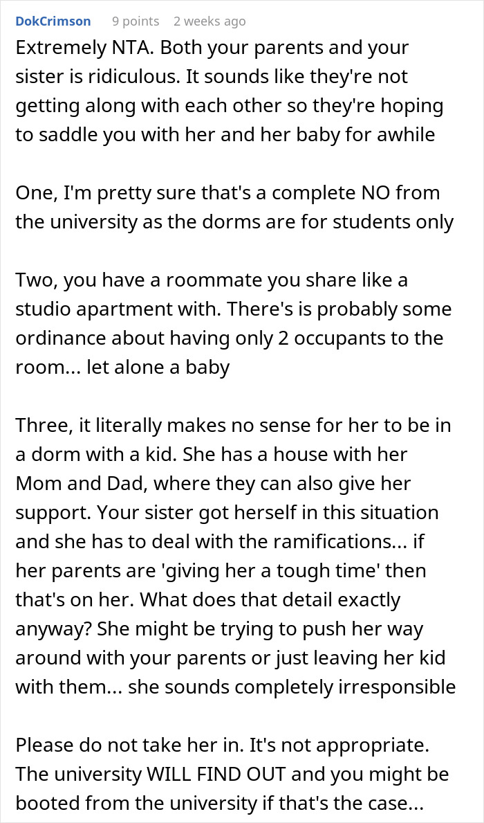 Reddit comment discussing refusal to share a dorm room with sister and baby.