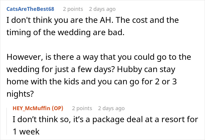 Screenshot of a Reddit conversation about a woman choosing an affordable getaway with her husband over attending a friend&rsquo;s expensive wedding.