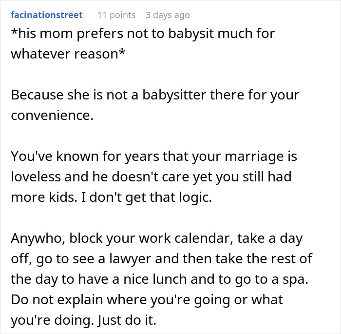 Text comment discussing a man's anniversary plans with his mom instead of his wife.