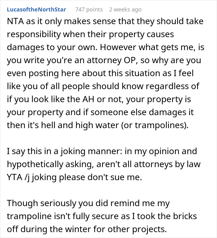 Online comment discussing trampoline damage liability during storm, reminding owner to secure trampoline properly.