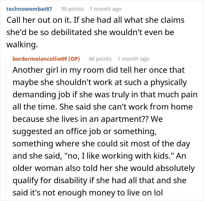 Reddit comments about a woman claiming multiple diseases, discussing options like remote work and disability benefits.