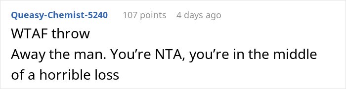 Comment from user advising a woman to leave her husband after a miscarriage. Comment from user advising a woman to leave her husband after a miscarriage.