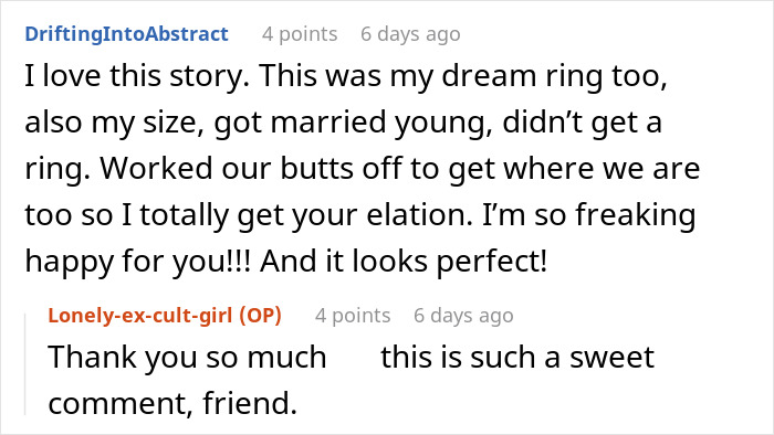 Reddit conversation about a millionaire neighbor&rsquo;s fianc&eacute;e giving a pricey $400 ring to a lady wanting something different.
