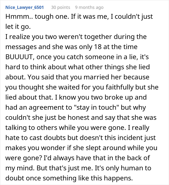Reddit comment discussing doubts about a relationship after discovering a lie in marriage.