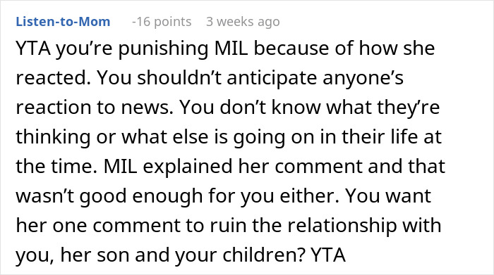 Comment about woman keeping pregnancy secret from MIL to gain husband&rsquo;s attention, discussing relationship impact.