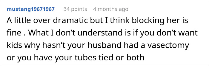 Comment discussing blocking a mother-in-law joking about birth control sabotage.