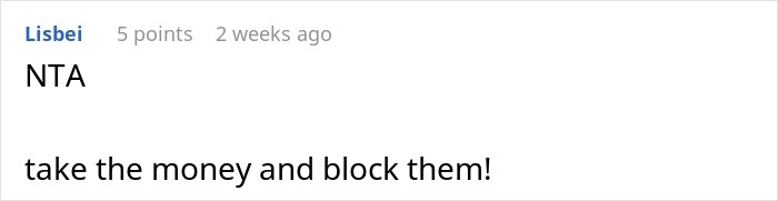 Comment advising to keep money from apartment share, saying "NTA, take the money and block them," with 5 points.