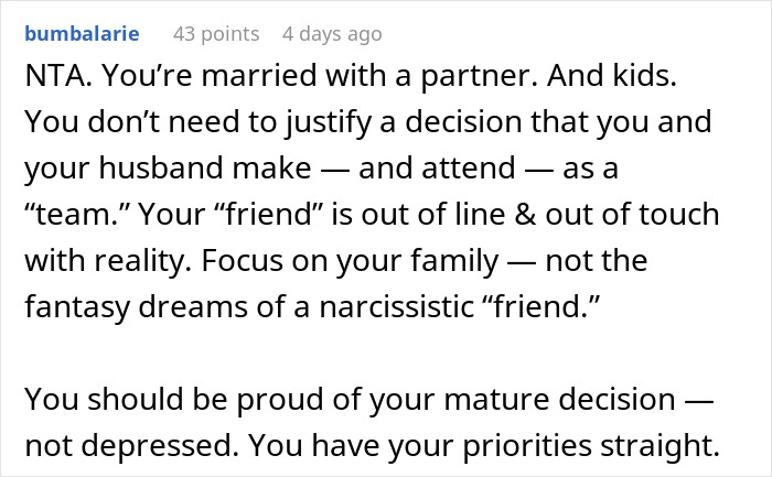 Screenshot of a woman defending her choice of an affordable getaway with her husband over attending a friend&rsquo;s expensive wedding.