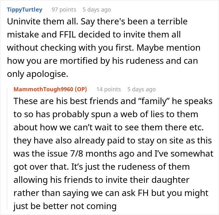 Reddit discussion on future father-in-law inviting unapproved wedding guests, causing bride's frustration.