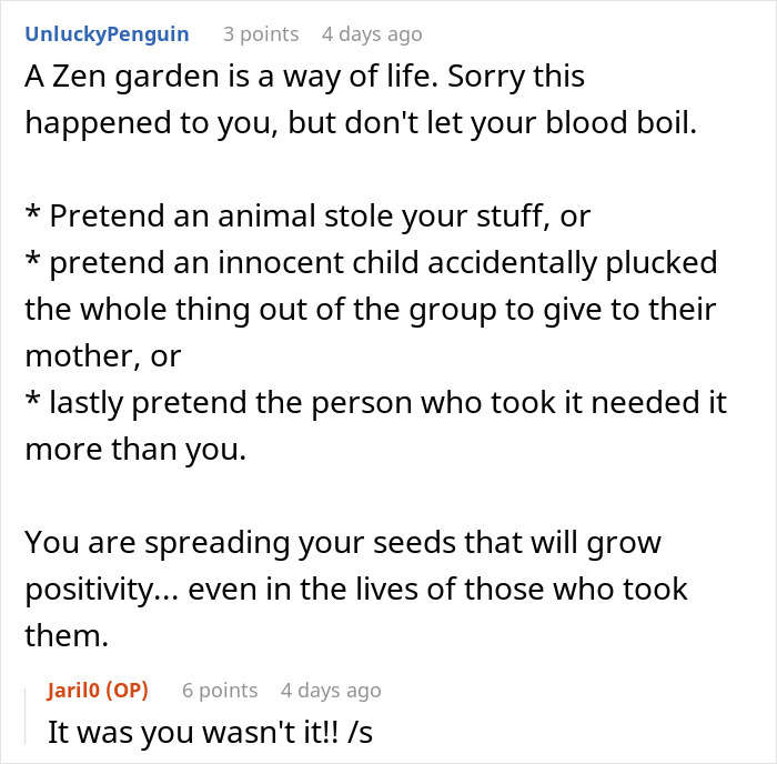 Text exchange about dealing with plant theft calmly, addressing an angry owner and suggesting peaceful reactions.