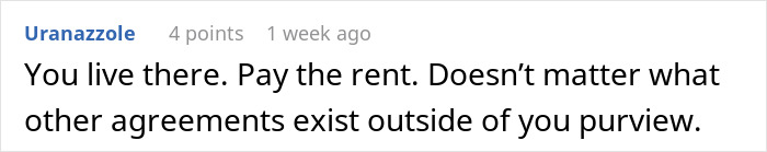Reddit comment discussing rent responsibility and agreements. Reddit comment discussing rent responsibility and agreements.