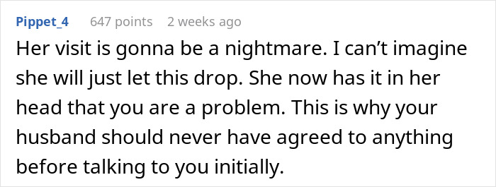 Reddit comment expressing frustration about a mother-in-law's extended visit plan. Reddit comment expressing frustration about a mother-in-law's extended visit plan.