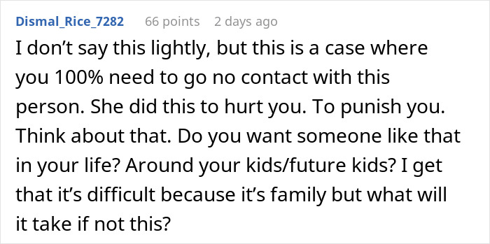 Reddit comment discussing MIL canceling honeymoon, advising going no contact, addressing family conflict tension.