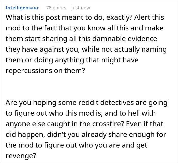 Reddit comment questioning the intention behind exposing a married Reddit mod posing as a "wholesome parent.