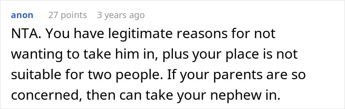 Reddit comment discussing reasons someone cannot take care of an autistic cousin.