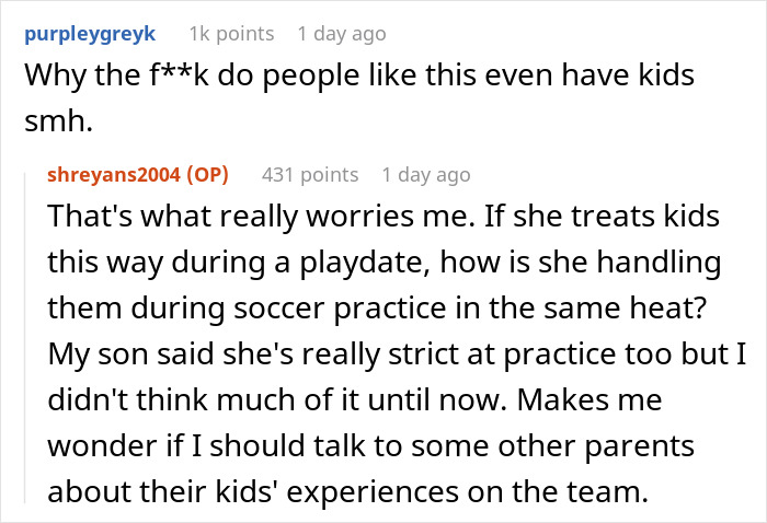 Reddit user comments discussing kids left in the sun without hydration, expressing concern and questioning parenting choices.