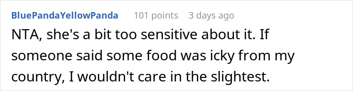 Comment on cultural food being called disgusting in an online discussion.
