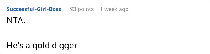 Reddit comment stating, "NTA. He's a gold digger," about boyfriend, heiress issue.