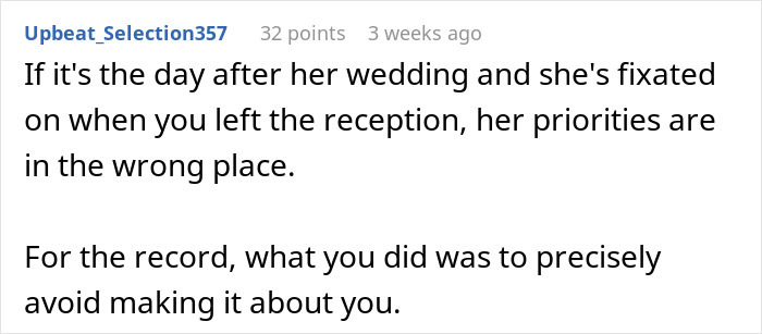 Text comment discussing priorities and avoiding drama at weddings.