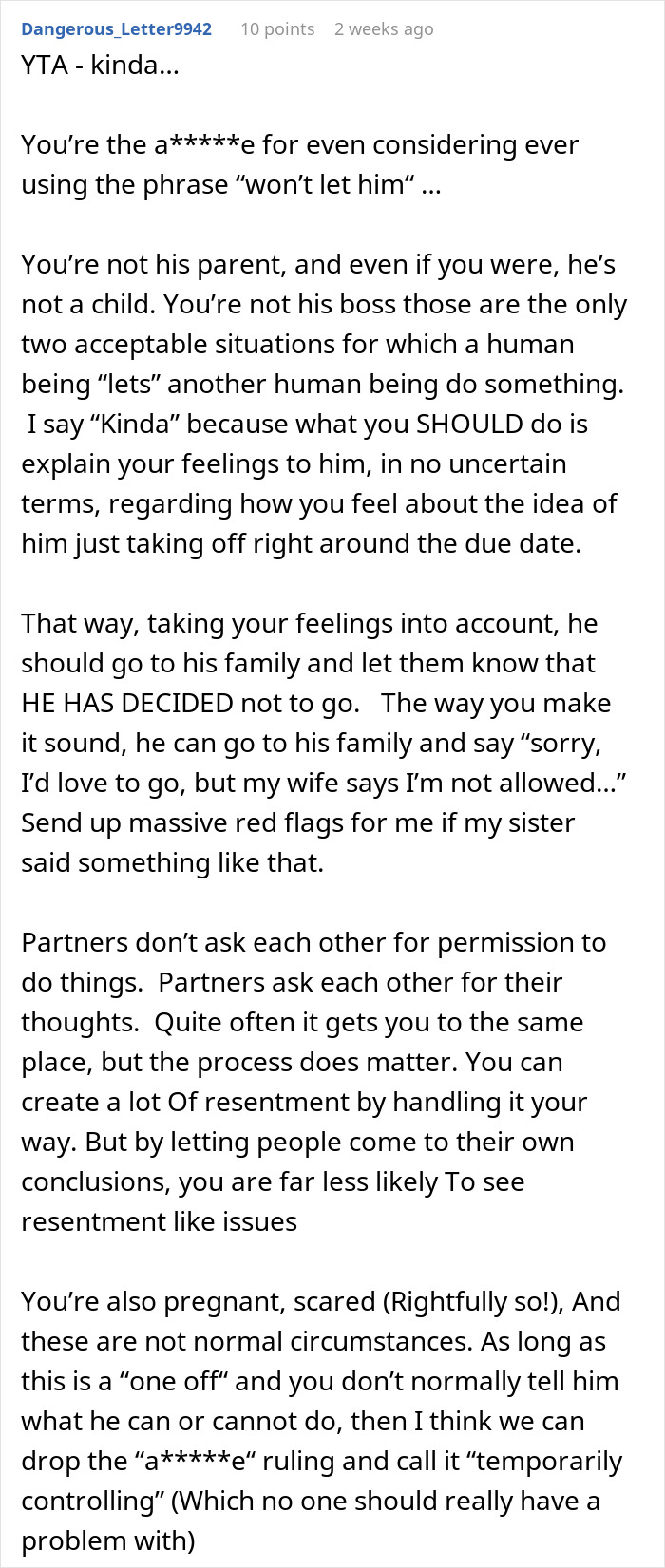Comment discussing a situation where a mom-to-be asks her husband to skip his sister's wedding due to proximity to due date.