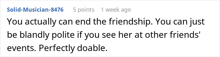 Online comment about ending a friendship over birthday plans and diet preferences.