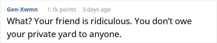 Comment text saying a woman doesn&rsquo;t owe her private yard to anyone, relating to buying a swing set for her kid.