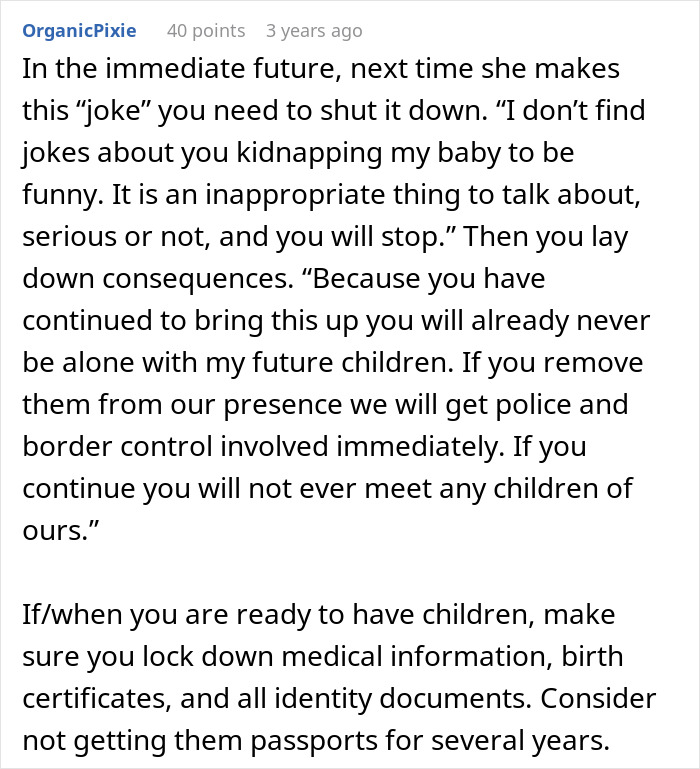 Text screenshot discussing boundaries and consequences related to inappropriate baby comments from MIL.