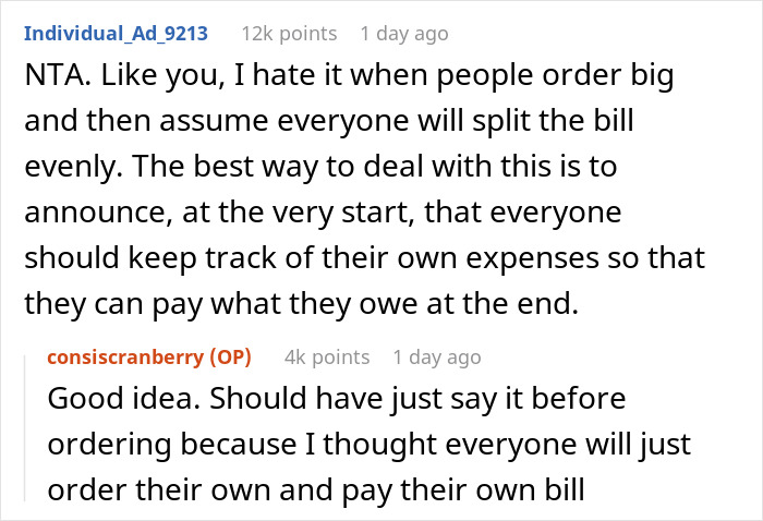 Text exchange about splitting dinner bills evenly when ordering different amounts. Text exchange about splitting dinner bills evenly when ordering different amounts.