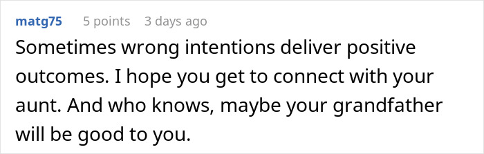 Comment about looking up long-lost grandfather with hope to connect and secure inheritance in a supportive online discussion.