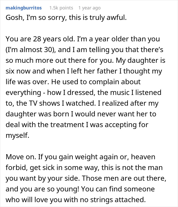 Reddit comment offers advice on dealing with weight loss and relationship issues. Reddit comment offers advice on dealing with weight loss and relationship issues.
