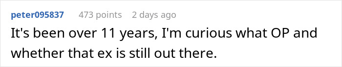 Comment discussing curiosity about an ex-girlfriend after 11 years related to the breakup and marriage. Comment discussing curiosity about an ex-girlfriend after 11 years related to the breakup and marriage.