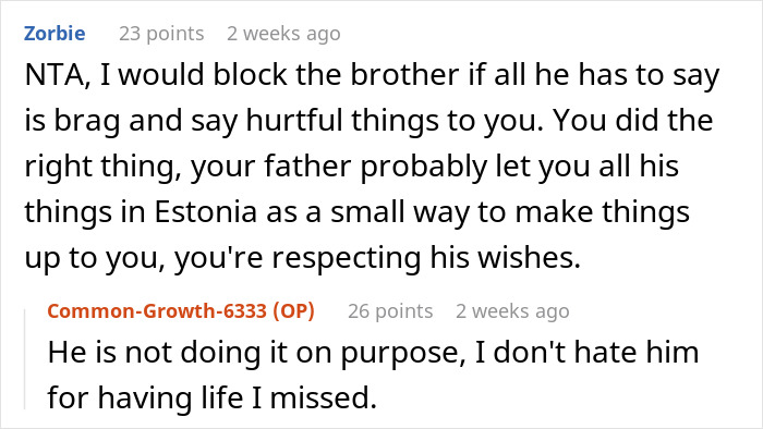 Reddit comments discussing inheritance and a sibling relationship regarding parents' apartment.