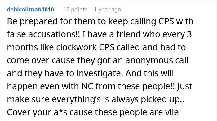 Text highlighting false CPS claims causing family drama, warning about repeated accusations.
