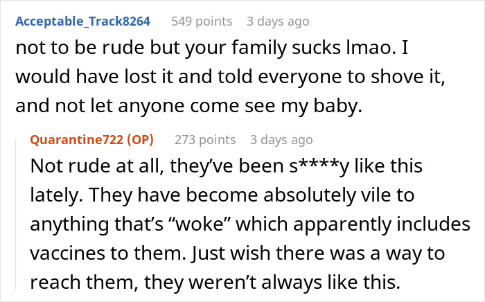 Reddit comments discussing relatives upset over baby visit requirements and vaccines. Reddit comments discussing relatives upset over baby visit requirements and vaccines.
