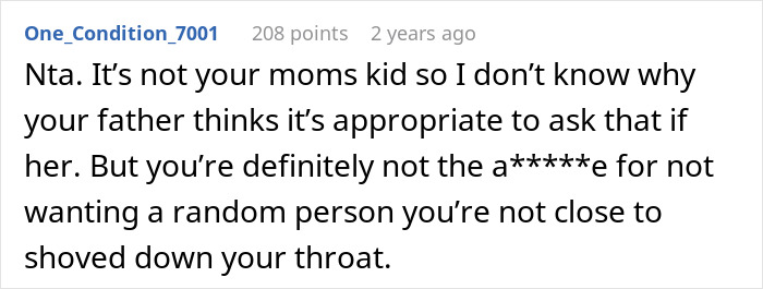 Reddit comment about a 16YO refusing stepsister joining vacation, addressing family bonds. Reddit comment about a 16YO refusing stepsister joining vacation, addressing family bonds.