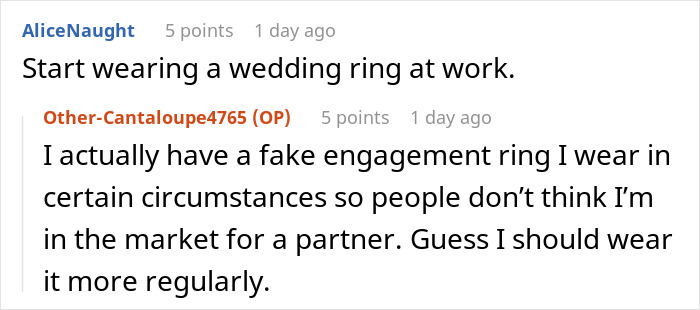 Reddit comments suggesting a woman wear a fake wedding ring for clever escape in uncomfortable situations.