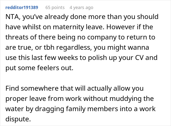 Text from Reddit user discussing maternity leave advice and work disputes. Text from Reddit user discussing maternity leave advice and work disputes.