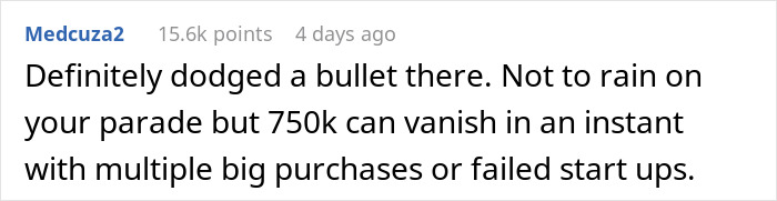 Reddit comment discussing financial risks and startup failures with breakup-related context.