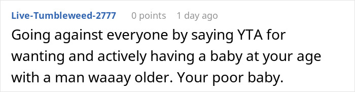 A comment criticizing a woman for pregnancy with an older man appears on a forum. A comment criticizing a woman for pregnancy with an older man appears on a forum.