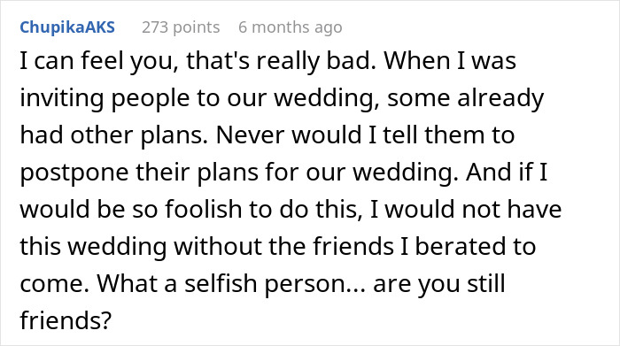Reddit comment discussing couple's canceled vacation and exclusion from friends' wedding ceremony. Reddit comment discussing couple's canceled vacation and exclusion from friends' wedding ceremony.