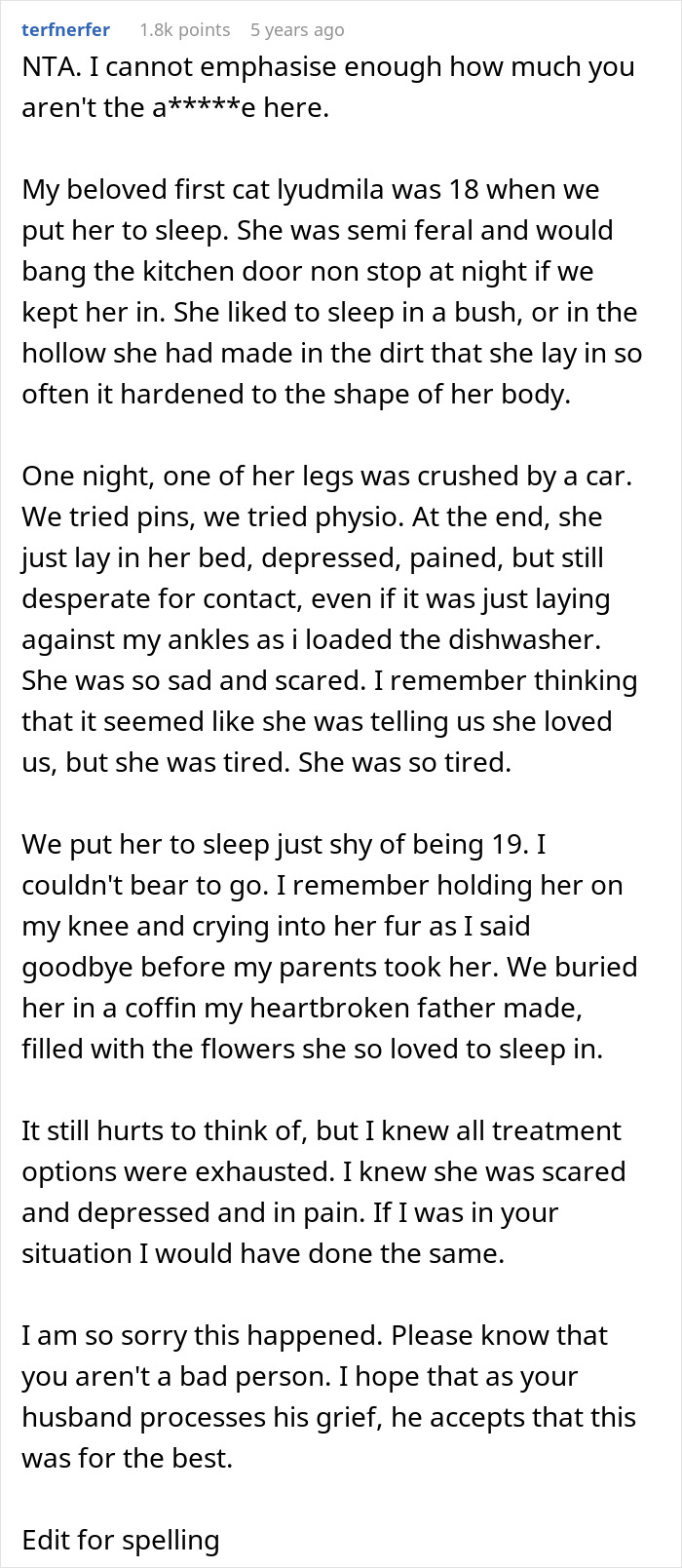 Emotional story about relieving a dying pet's suffering despite hope for recovery.