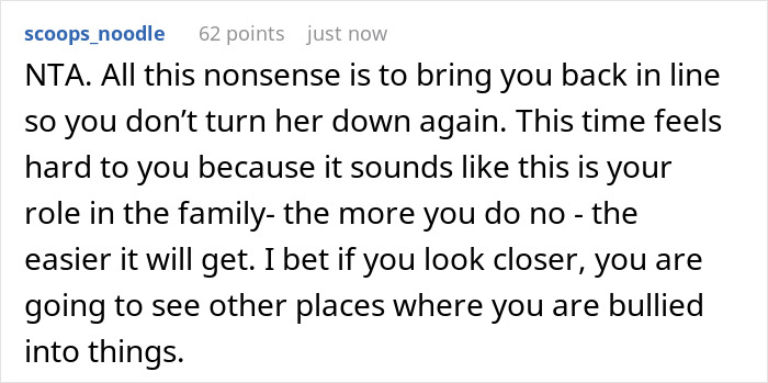 Comment discussing being pressured to babysit sister&rsquo;s kids after work and managing dinner responsibilities.