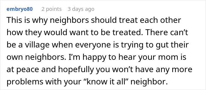 Comment on neighbor disputes over an illegal shed and personal conflicts.