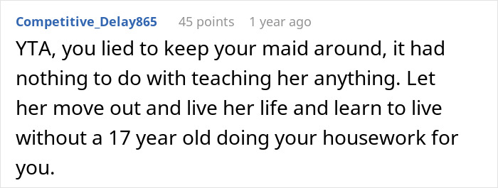 Reddit comment criticizing man for tricking stepdaughter to do chores, mentions deceit and independence.